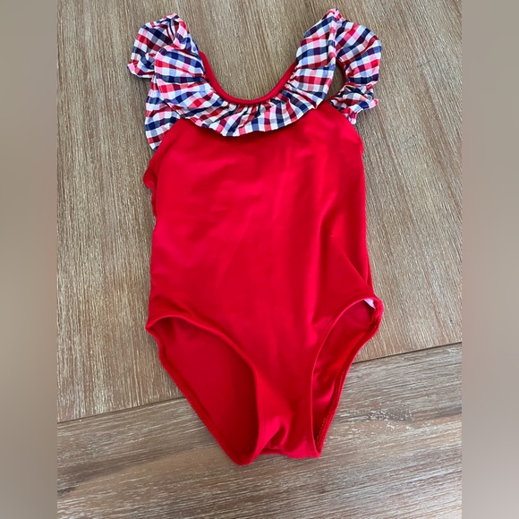 The Bella Bean, red white and navy gingham trim red swimsuit, size 5 - Picture 1 of 4
